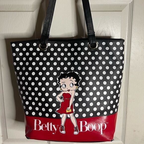 Betty Boop vegan leather black and white polka dots and red medium tote bag. - Picture 1 of 15
